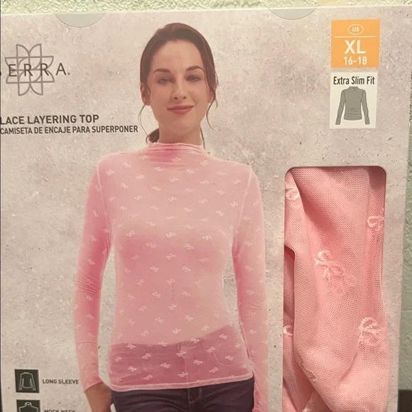 1550 **Pink Lace Mesh Tide-Bow Layering Top - Picture 1 of 10